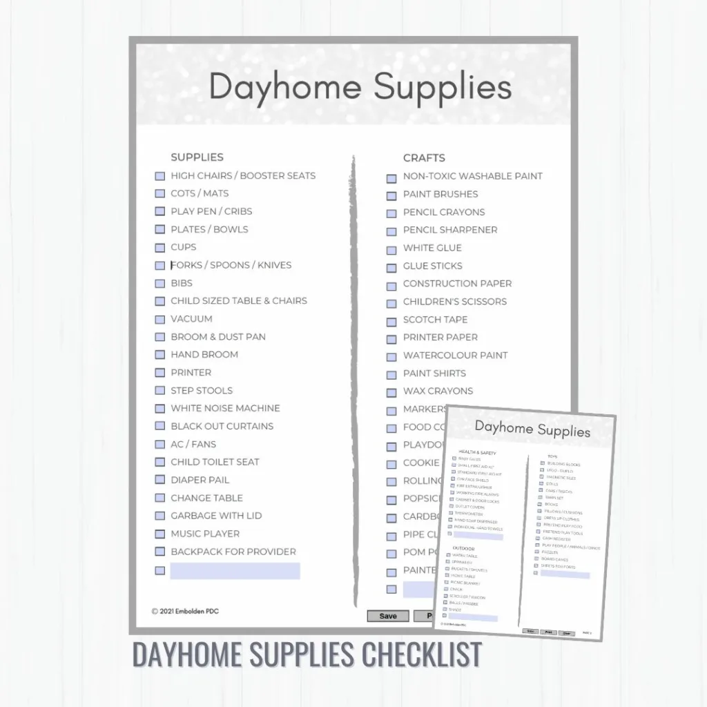 dayhome supplies checklist