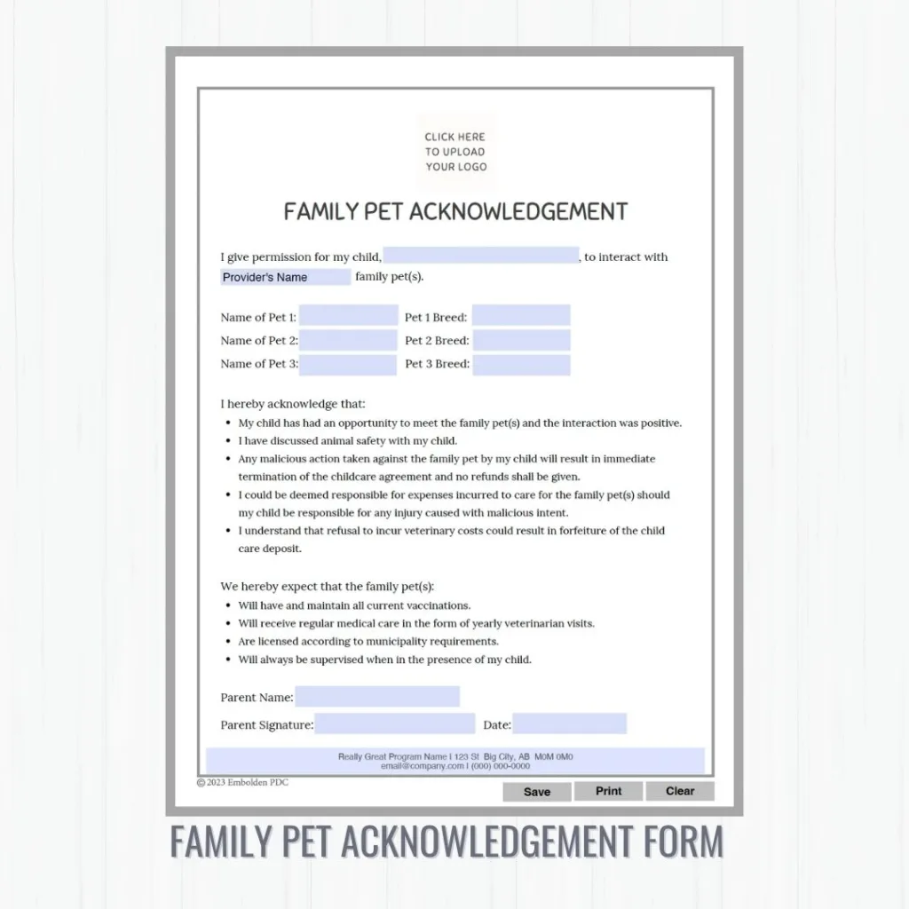 family pet acknowledgement